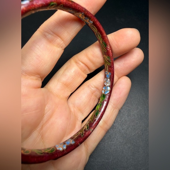Vintage Red Cloisonné Floral Bangle Bracelet - Picture 5 of 8